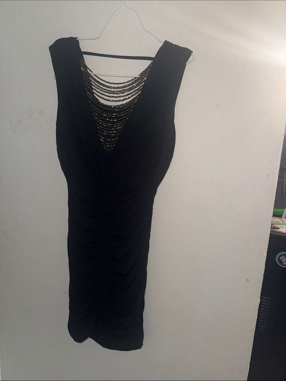 Black Sleeveless Ruched Cocktail Dress with Chain Detail